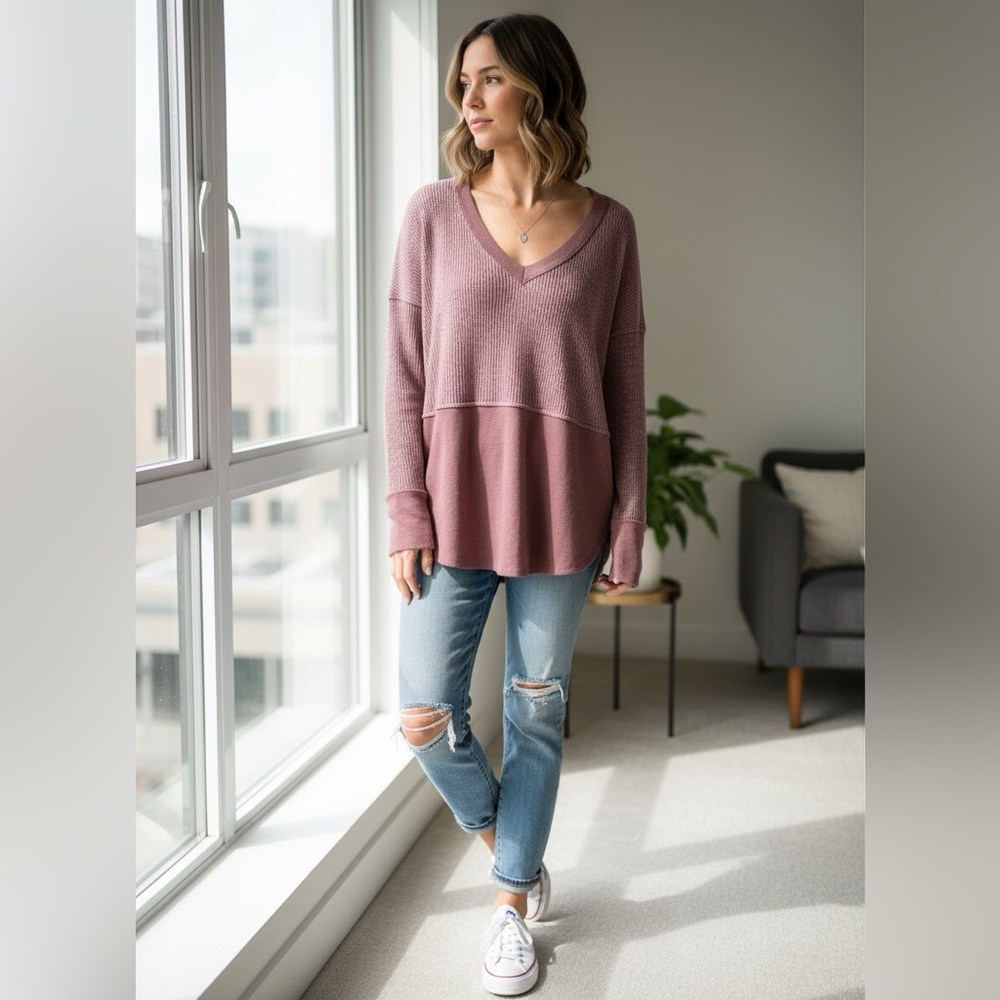 NWT | Free People We The Free Monterey Pieced Waffle Knit Thermal | Berry | XS